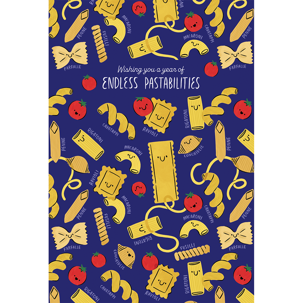 Endless Pastabilities birthday card by Cardmore featuring colorful pasta illustrations and playful typography.